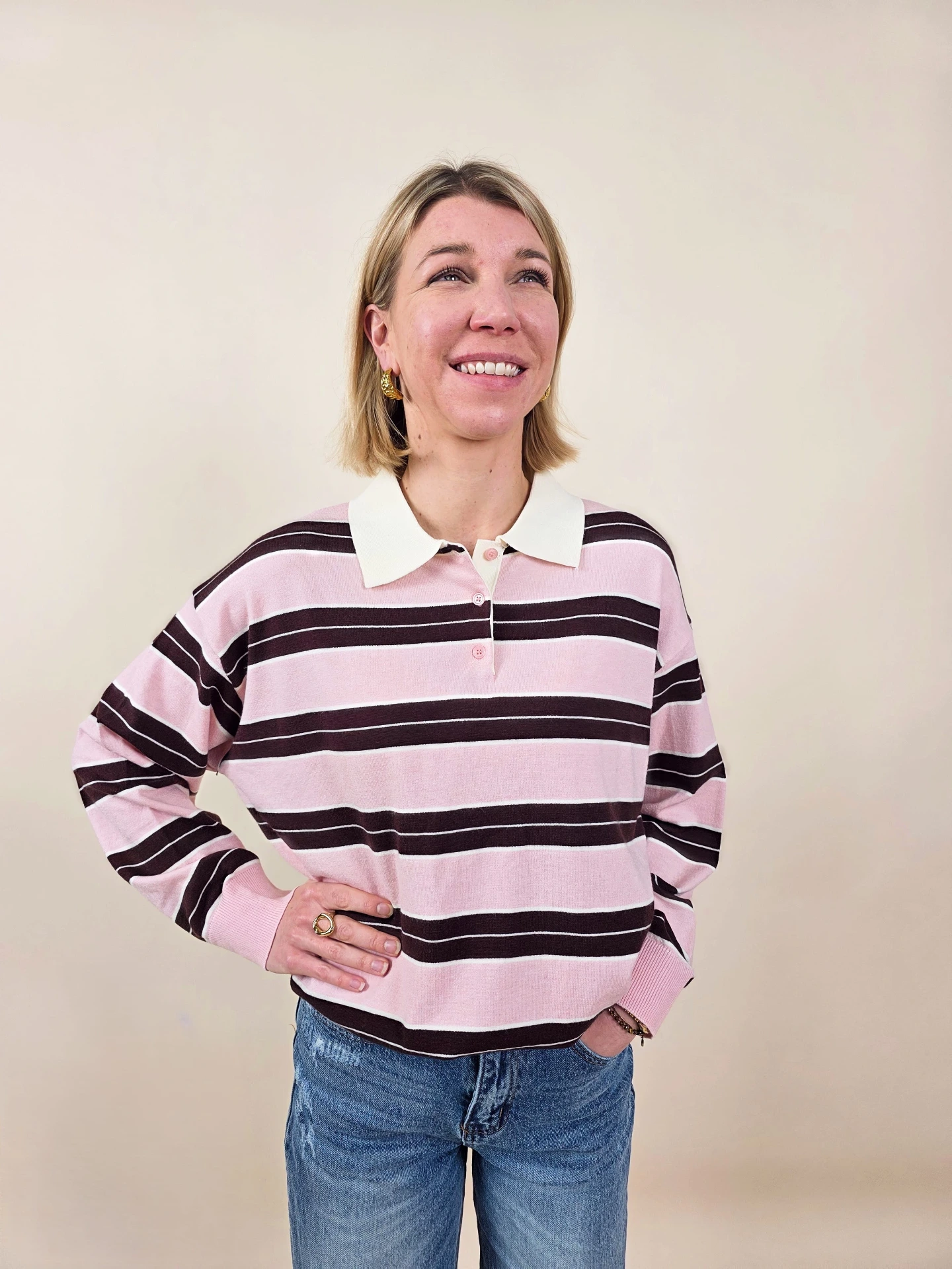 Polo rayé rose et marron