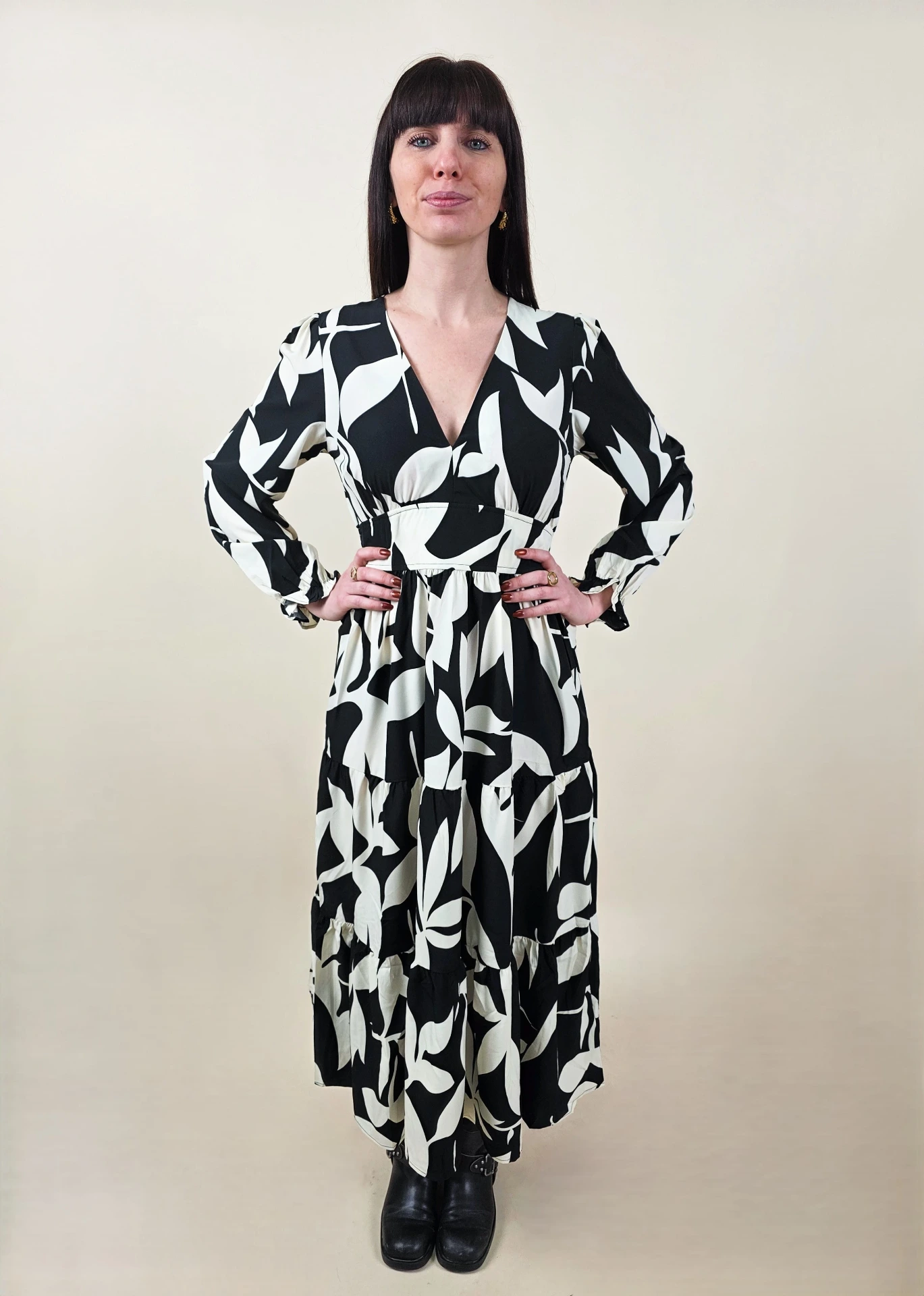 [00509_S/M] Robe longue fluide à imprimé feuillage noir et blanc (S/M)