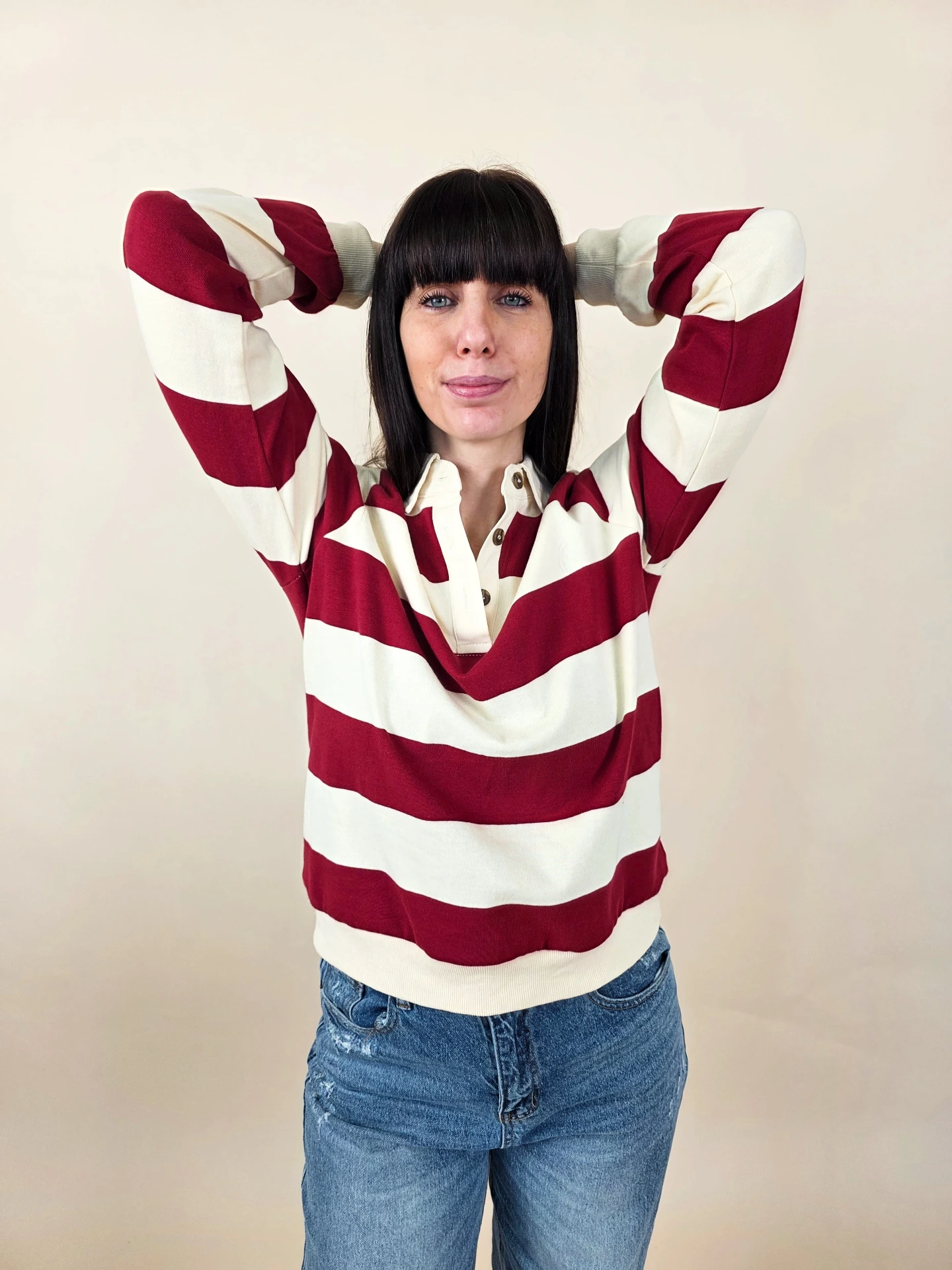 [00521_S/M] Polo à rayures horizontales rouges et crème (S/M)