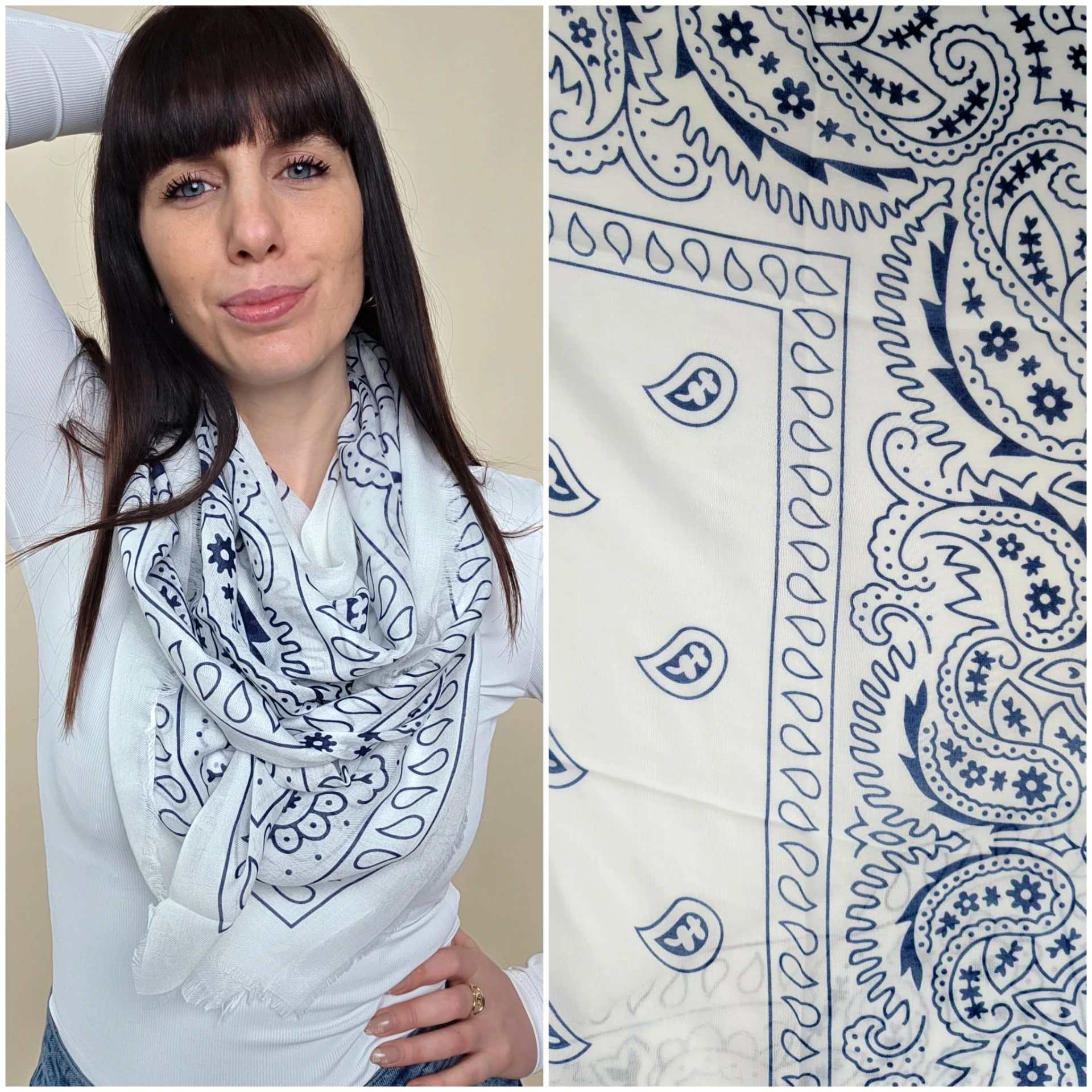 Foulard blanc à imprimé paisley bleu marine