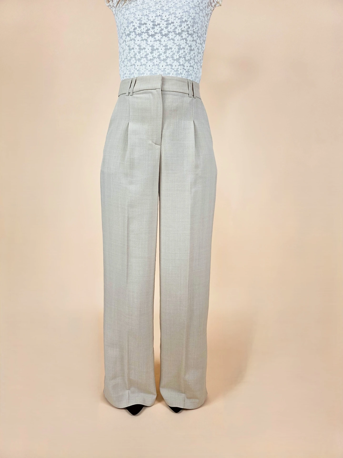 Pantalon large à pinces beige