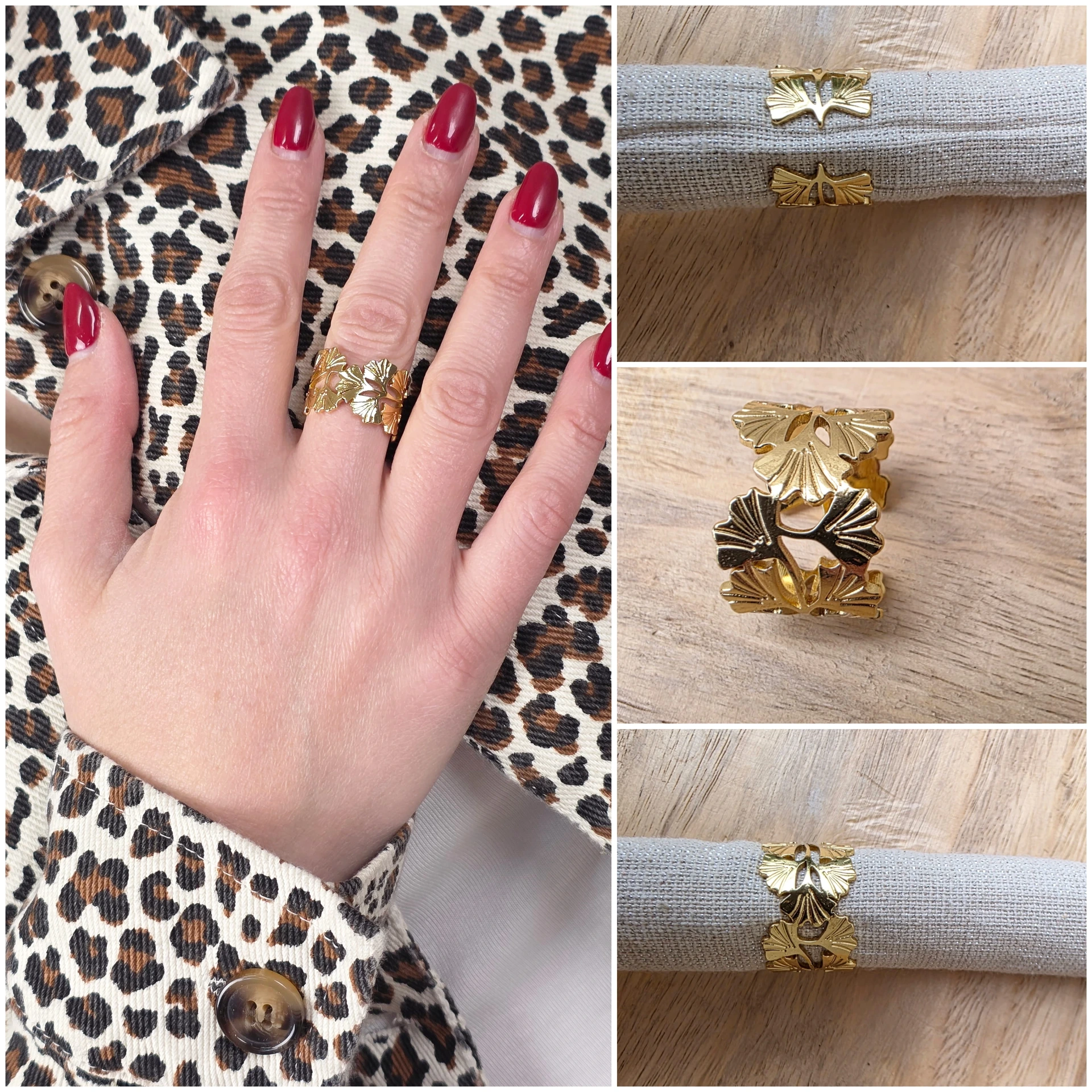 Bague large ginkgo biloba dorée