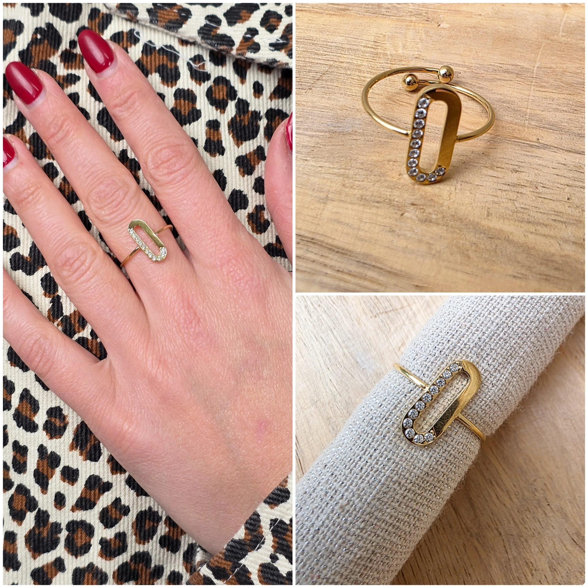 Bague maillon ovale doré & strass