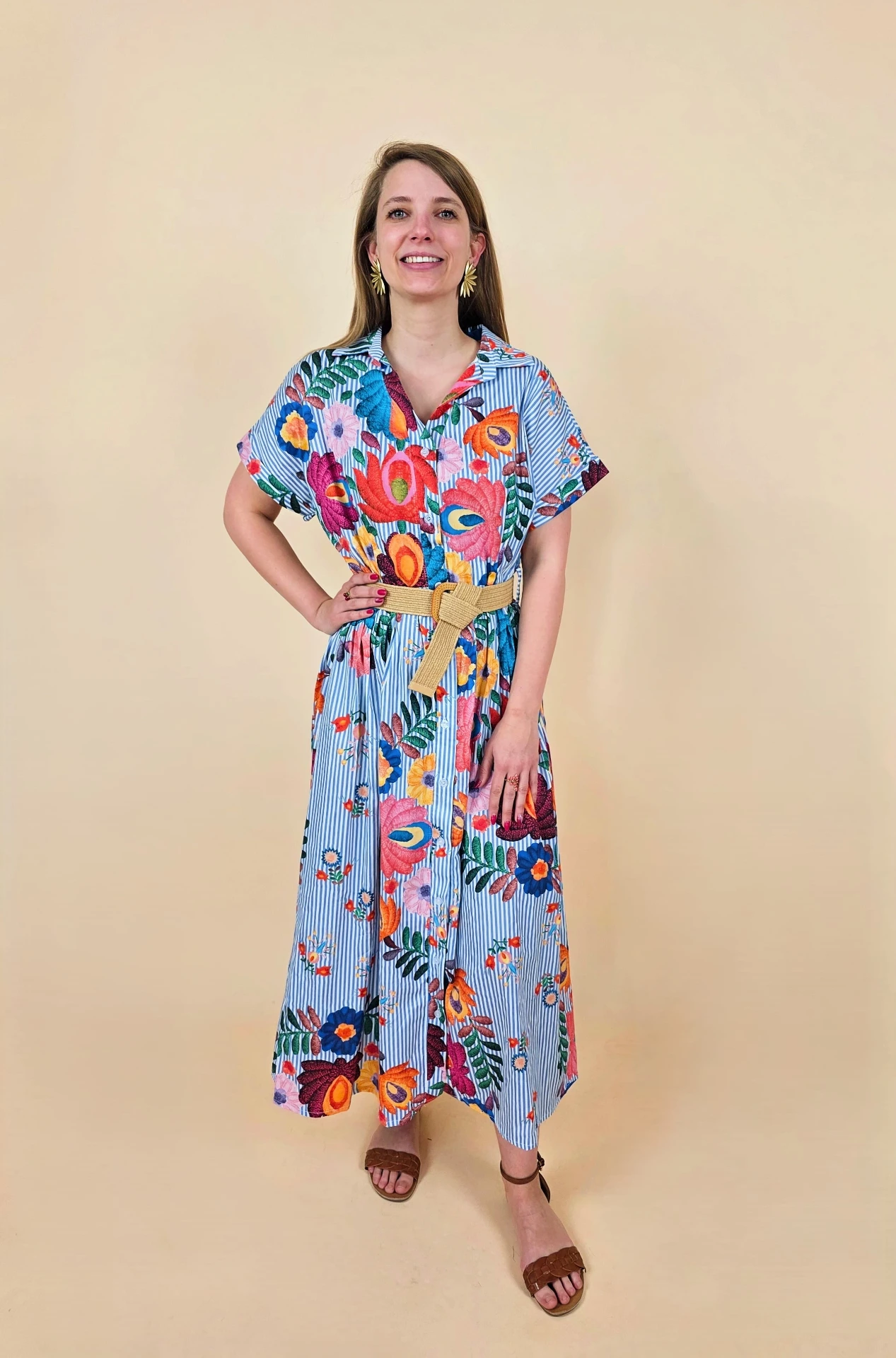 Robe longue à rayures bleu et imprimé floral