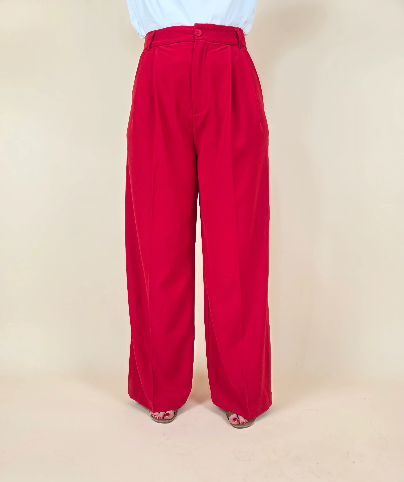 Pantalon large taille haute rouge