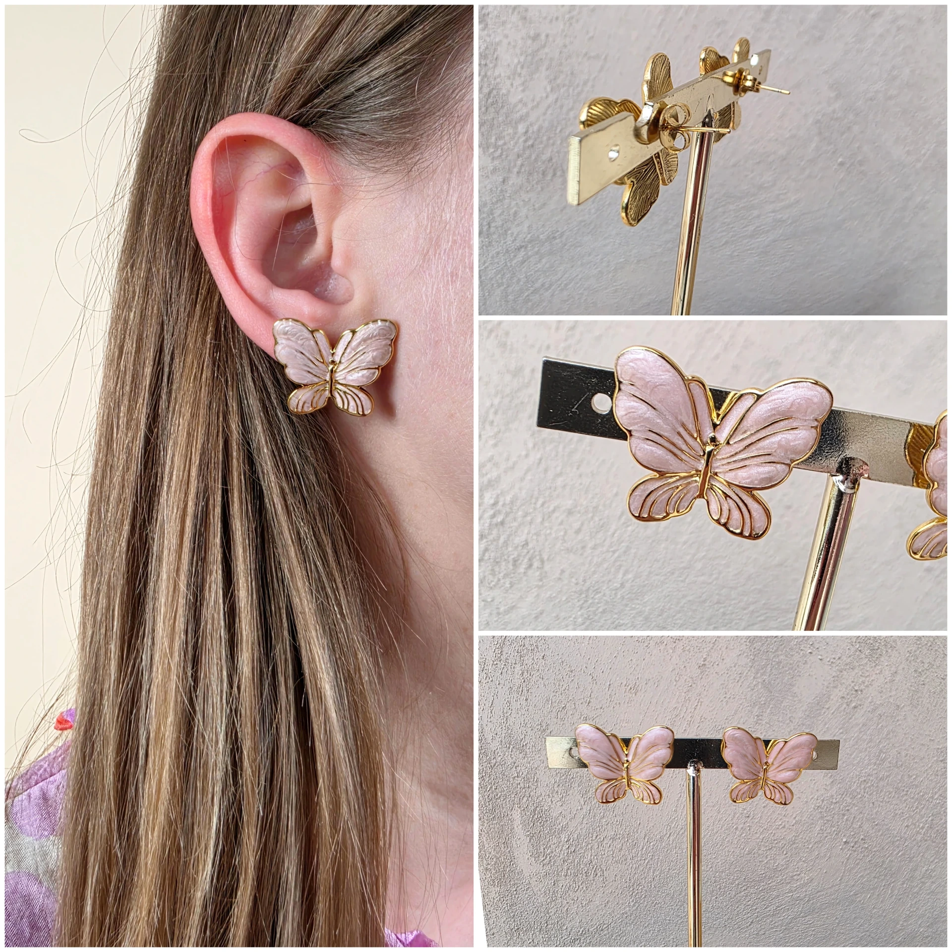 Boucles d'oreilles papillons émaillés rose poudré & doré