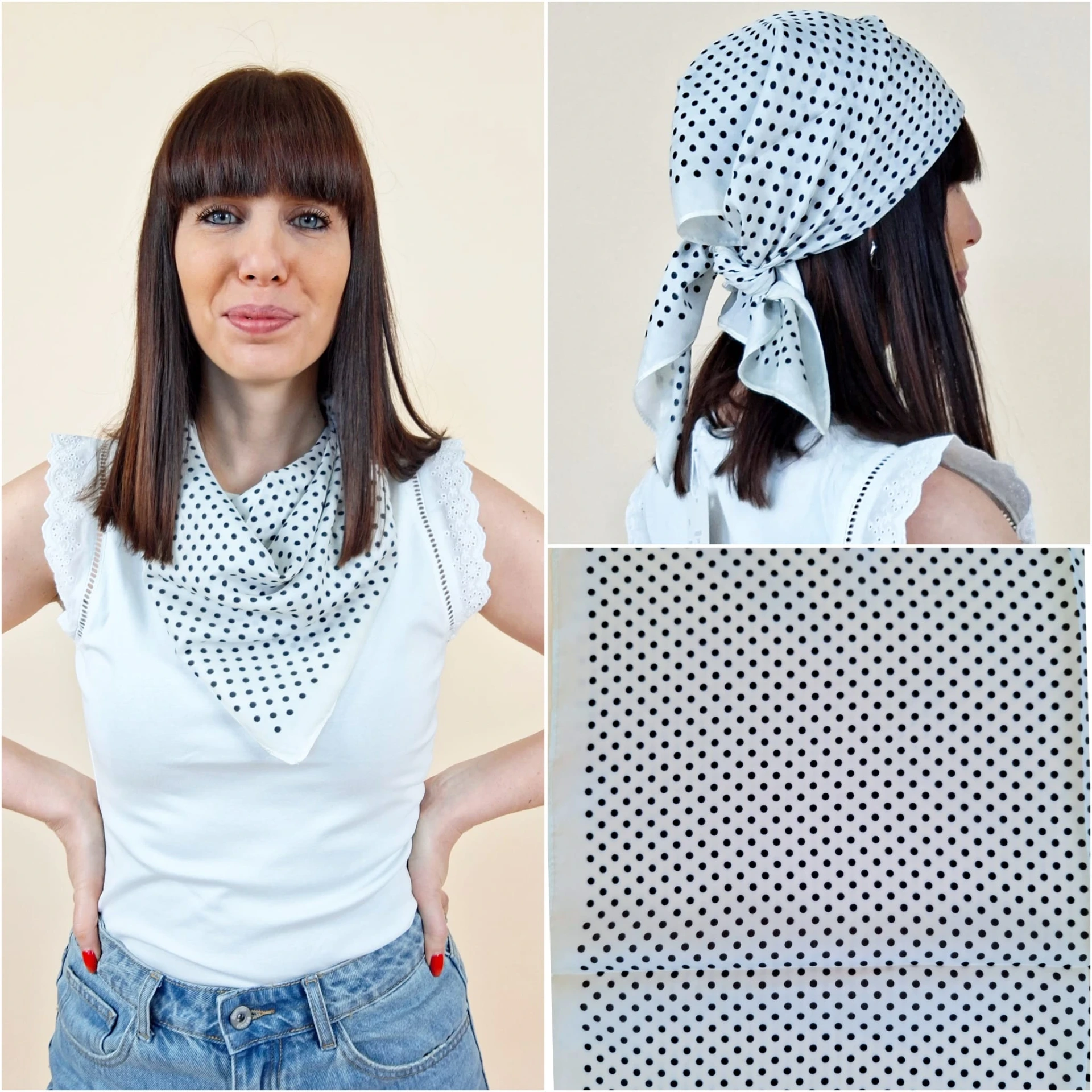 Foulard carré blanc à pois noirs