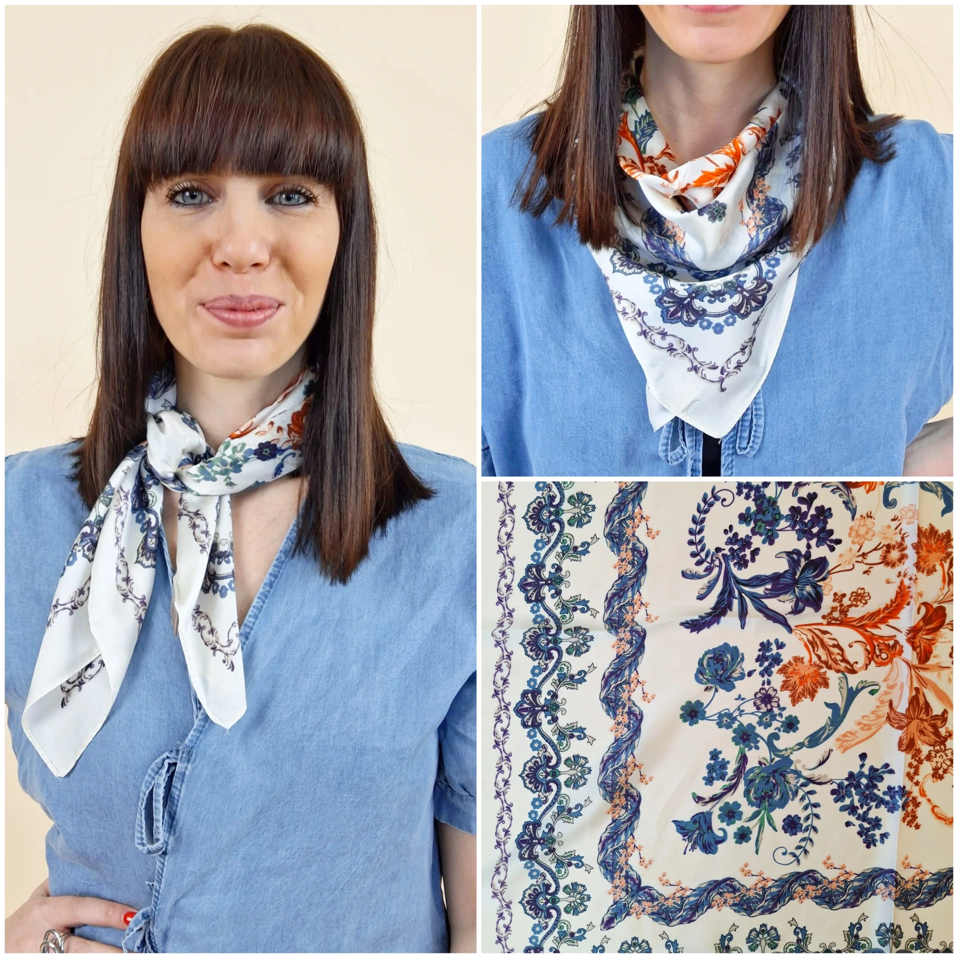 Foulard carré motifs floraux et arabesques