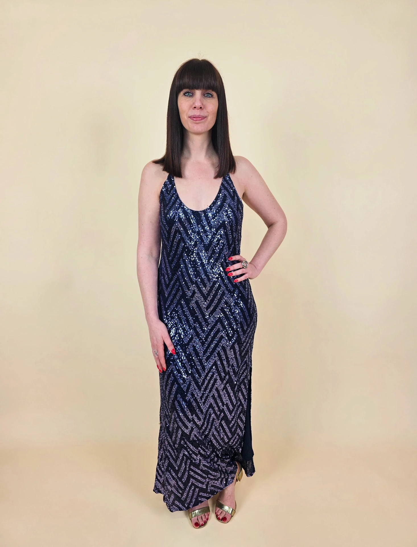 [00624_S] Robe longue sequin bleue nuit motif géométrique (S)