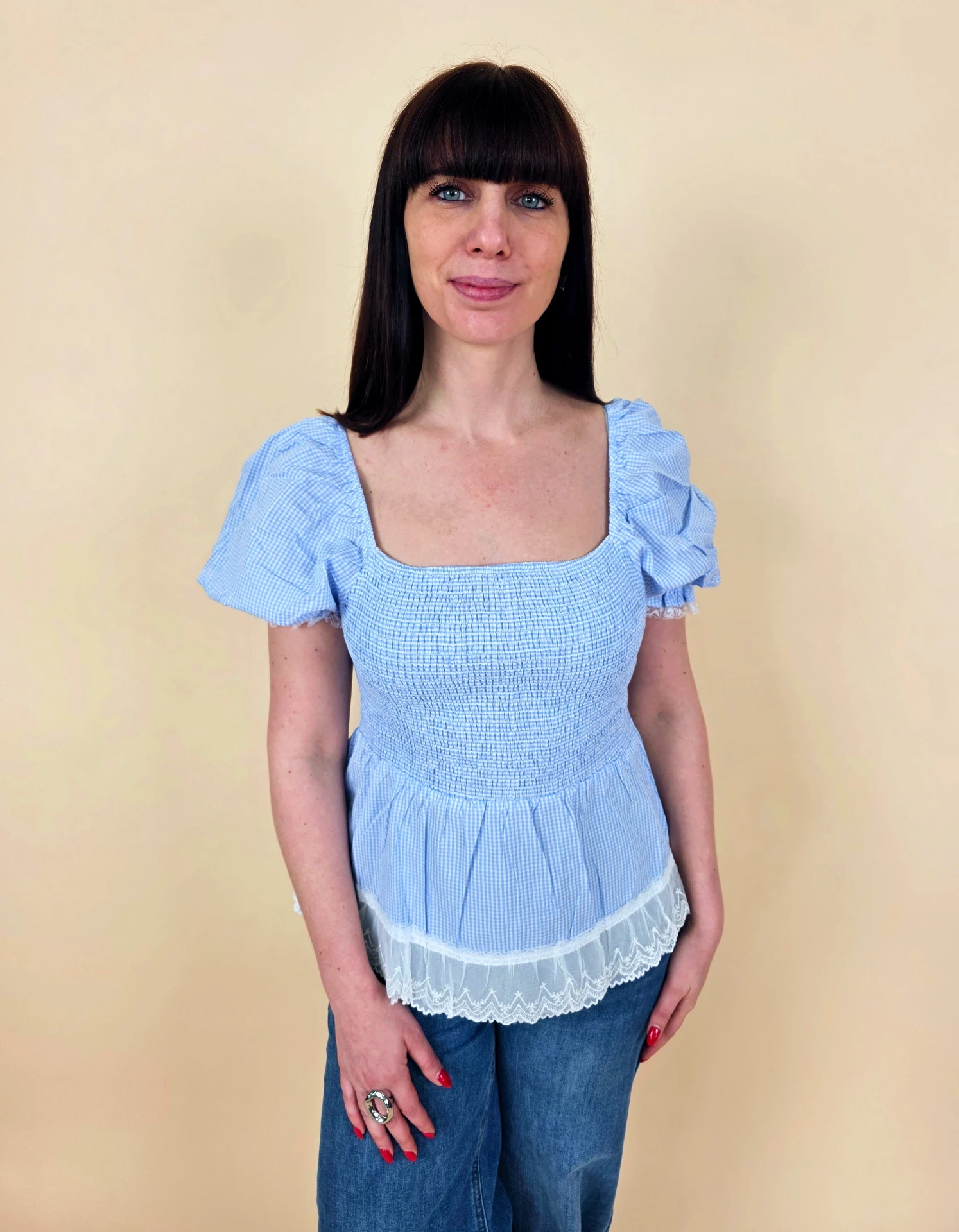 Blouse vichy bleu ciel style coquette & cottagecore