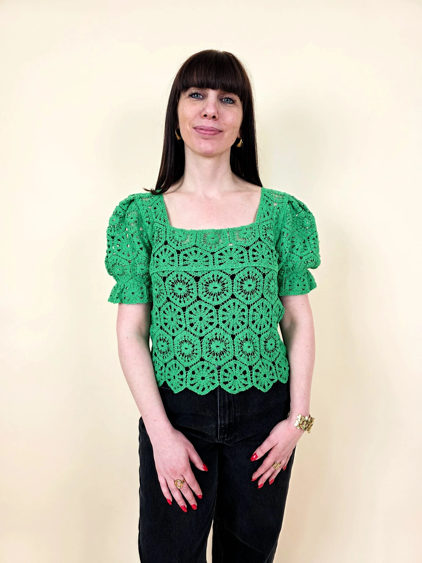 Blouse en crochet artisanal vert émeraude
