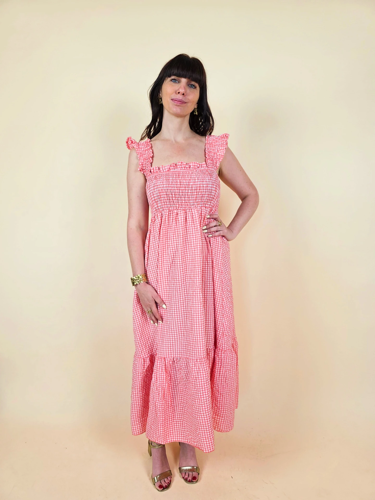Robe maxi vichy rose à buste smocké