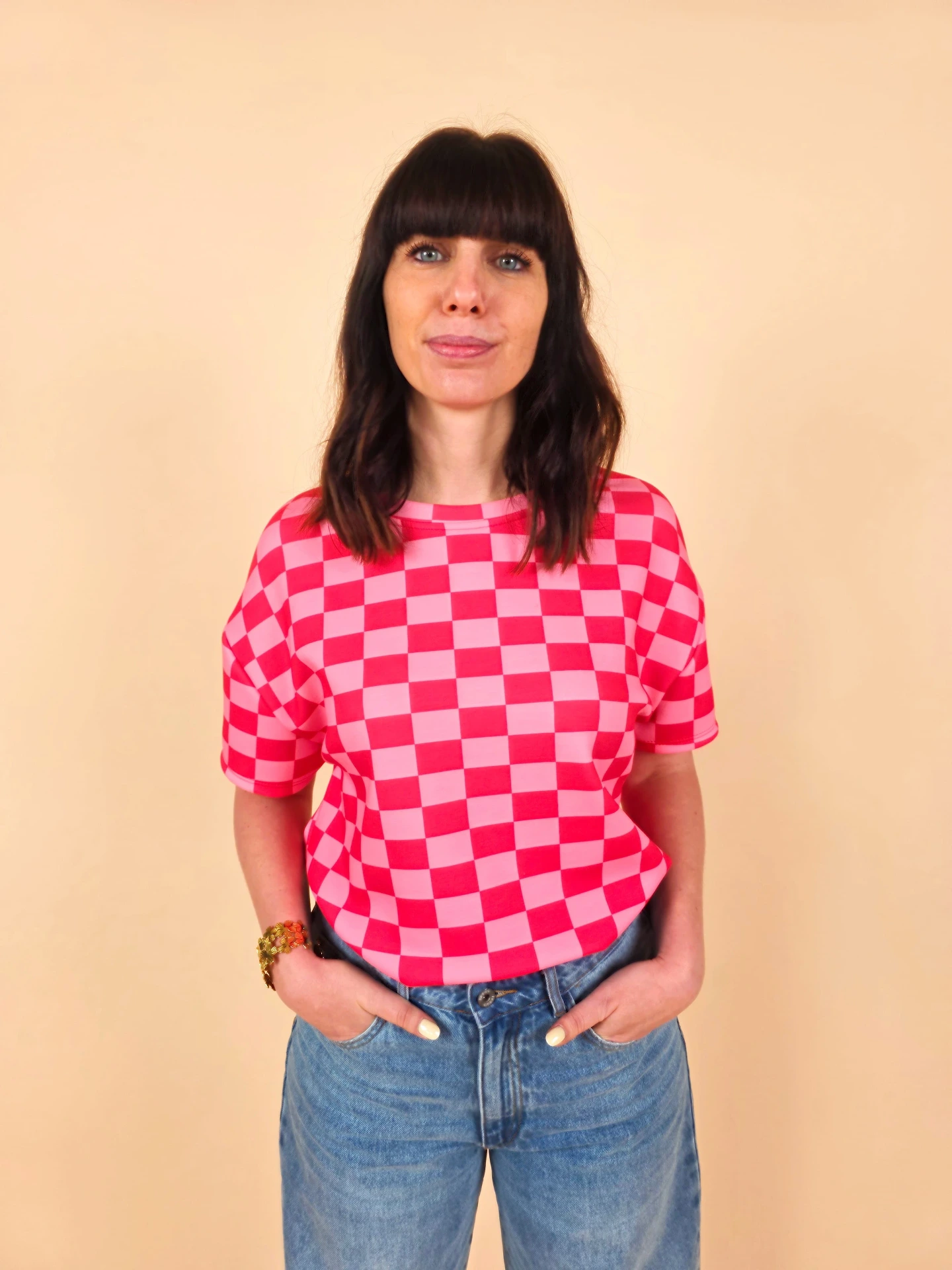 T-shirt à damier rose et fuchsia