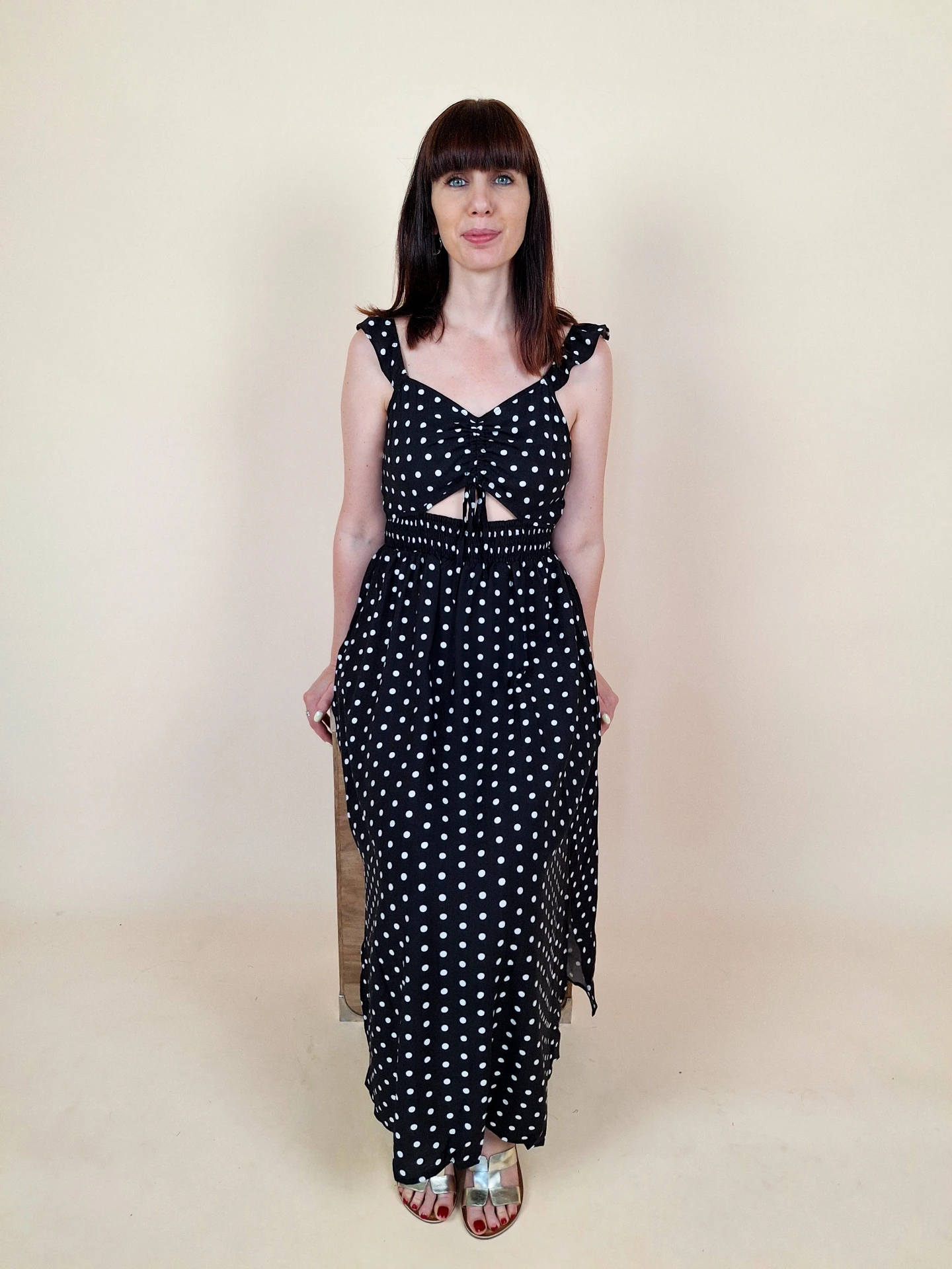 [00691_S] Robe longue noire à pois blancs (S)
