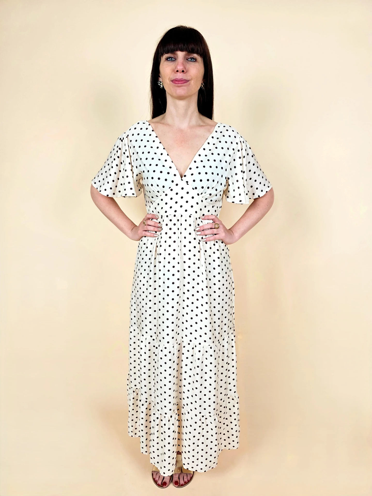 [00734_S] Robe longue écrue à pois marrons (S)
