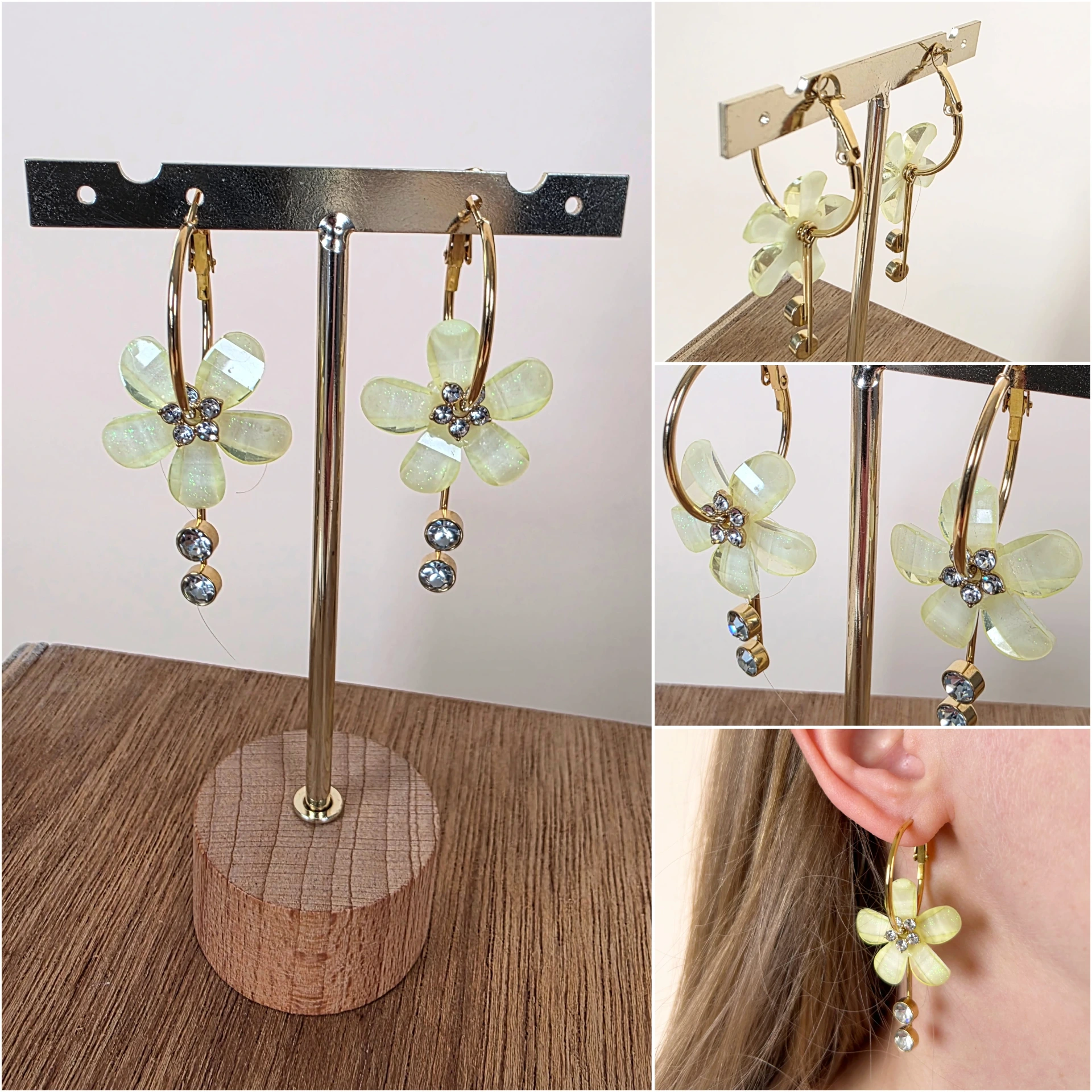 Boucles d'oreilles créoles dorées avec fleur jaune pastel
