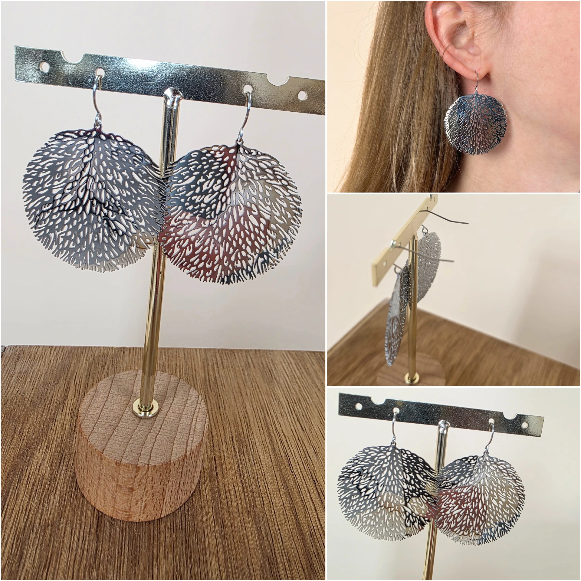 Boucle d'oreille pendante en métal argenté ajouré