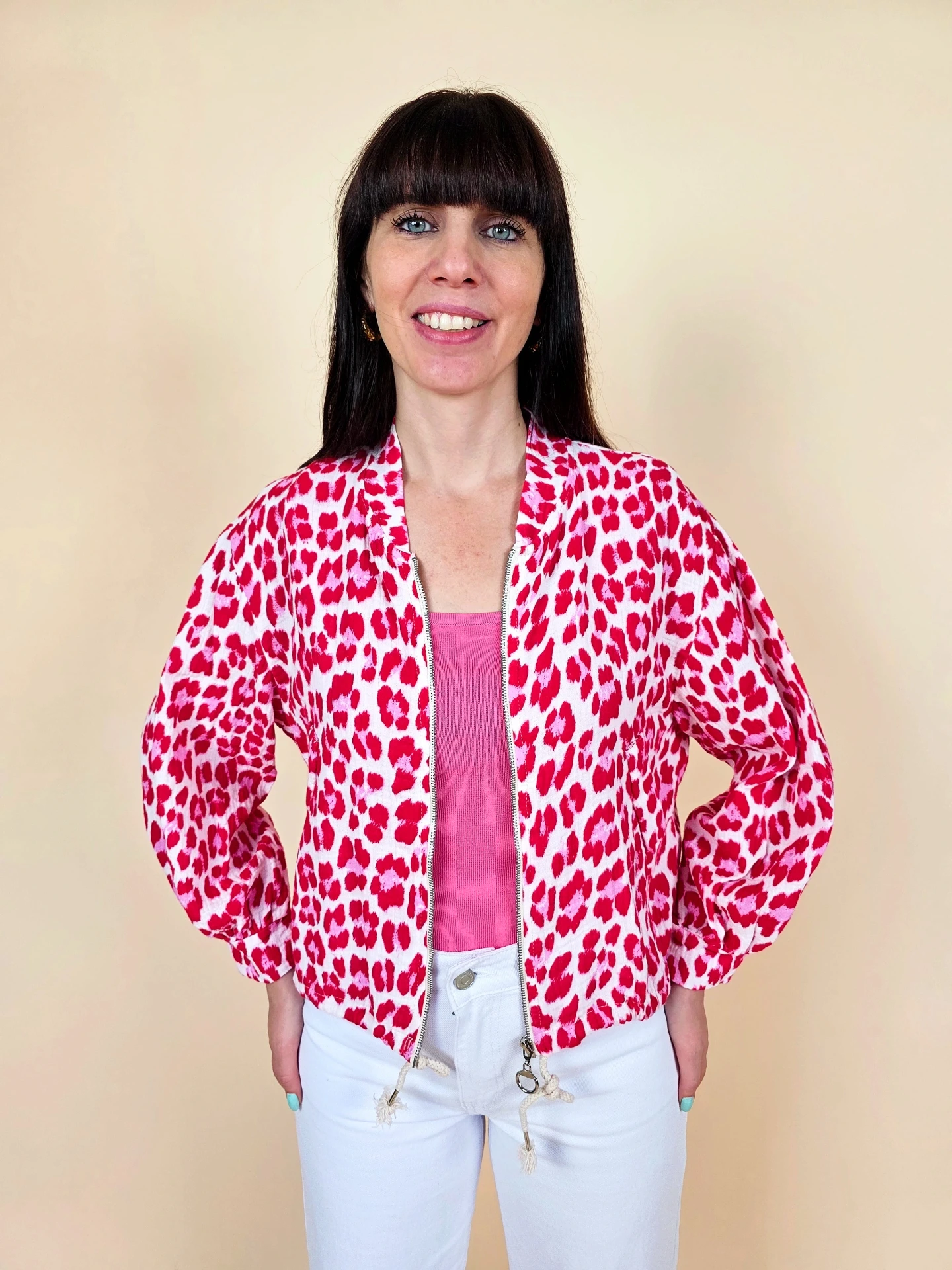 Veste bomber fluide à imprimé léopard rose et blanc