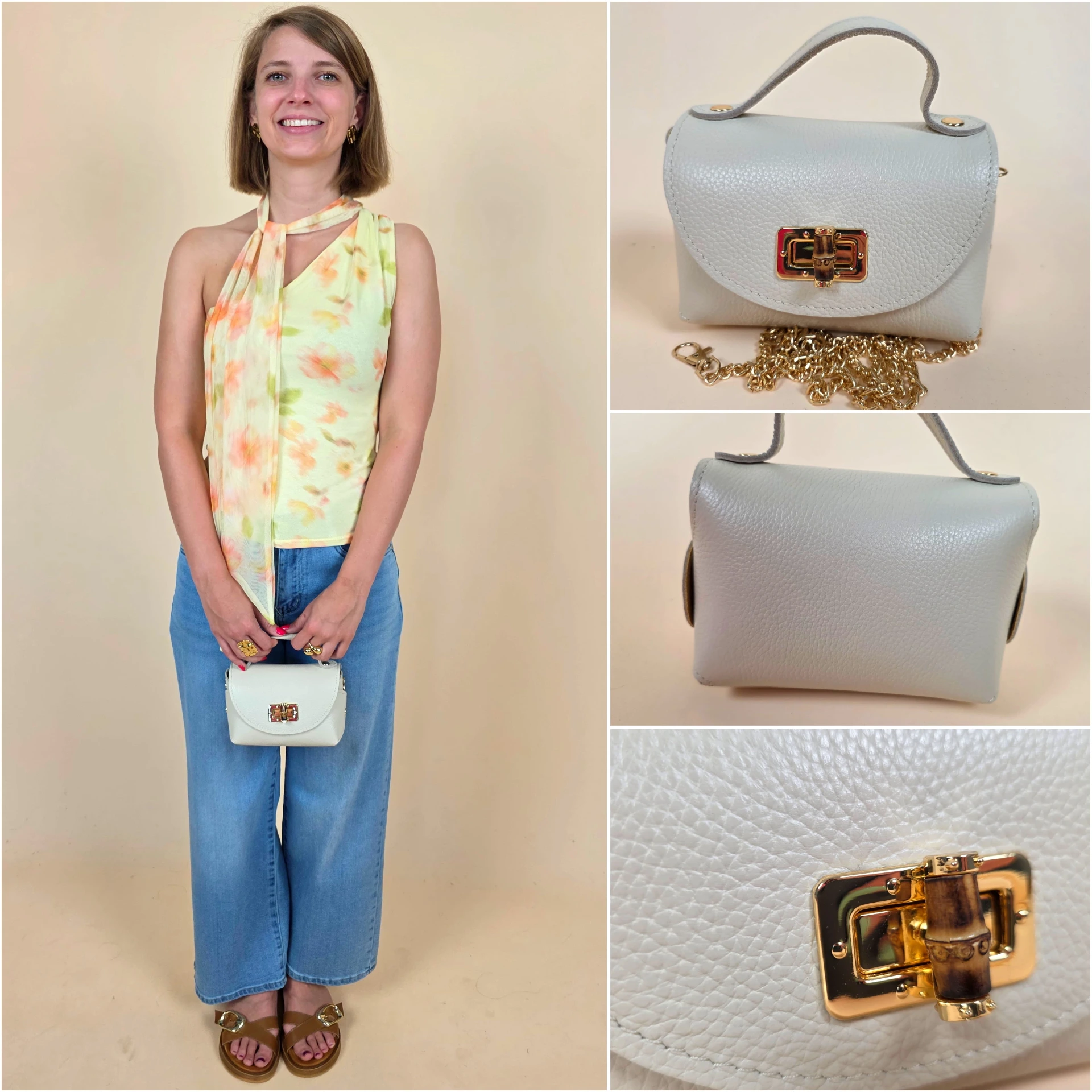 Mini sac à main grainé beige